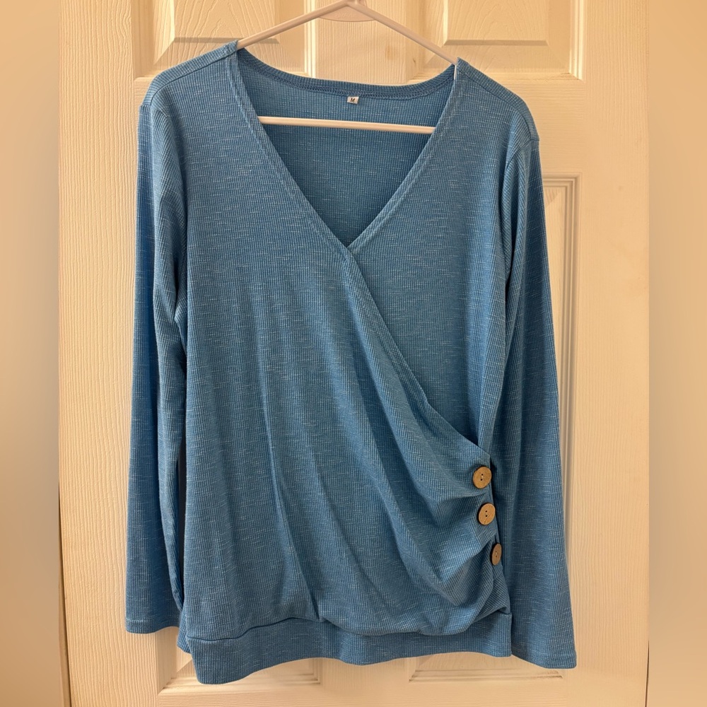 Blue V-Neck Crossover with Button Detail Women's Top